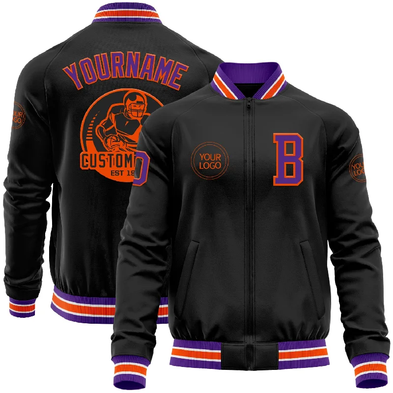 Lightweight Hiking Jacket for Travel and Adventure-Custom Black Purple-Orange Bomber Varsity Letterman Zipper Jacket