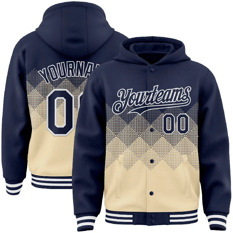 Vintage-Inspired Hoodie for Classic Appeal-Custom Navy Cream-White Gradient Square Shape 3D Pattern Design Bomber Full-Snap Varsity Letterman Hoodie Jacket