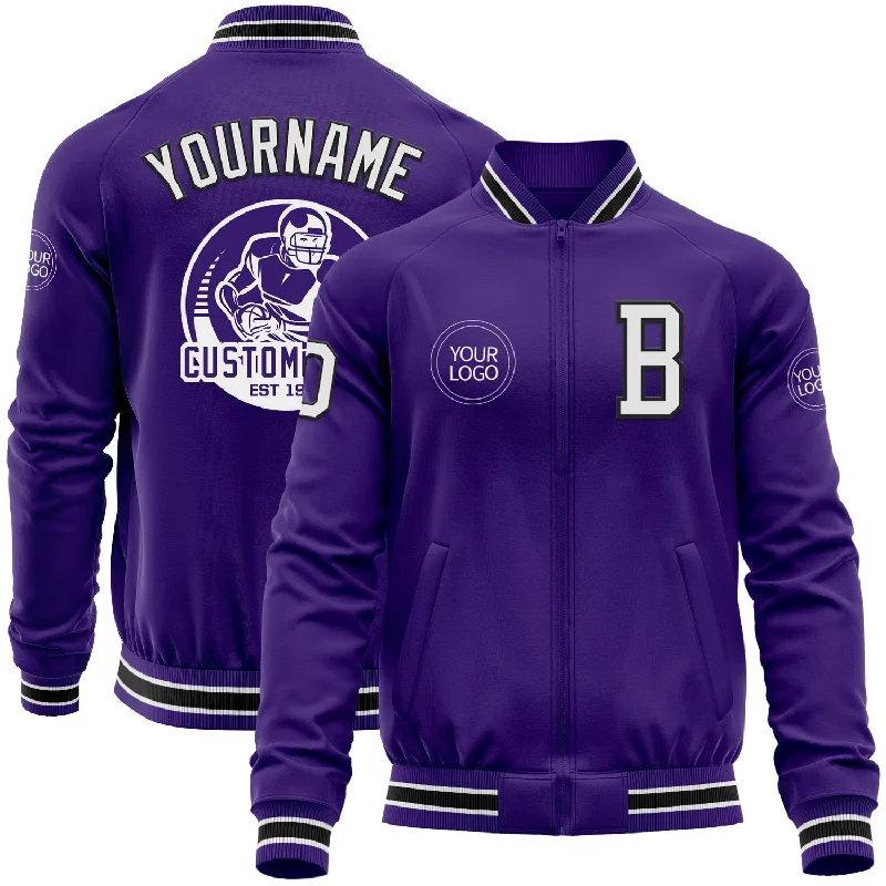 Retro Varsity Jacket for Athletic Style-Custom Purple White-Black Bomber Varsity Letterman Zipper Jacket