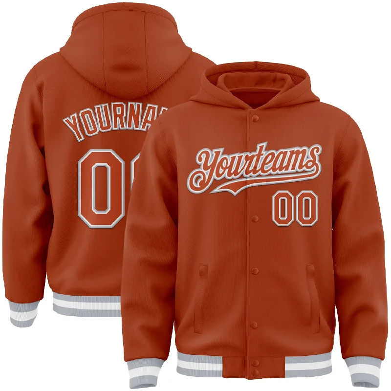 Fashionable Cropped Hoodie for Trendy Outfits-Custom Texas Orange White-Gray Bomber Full-Snap Varsity Letterman Hoodie Jacket