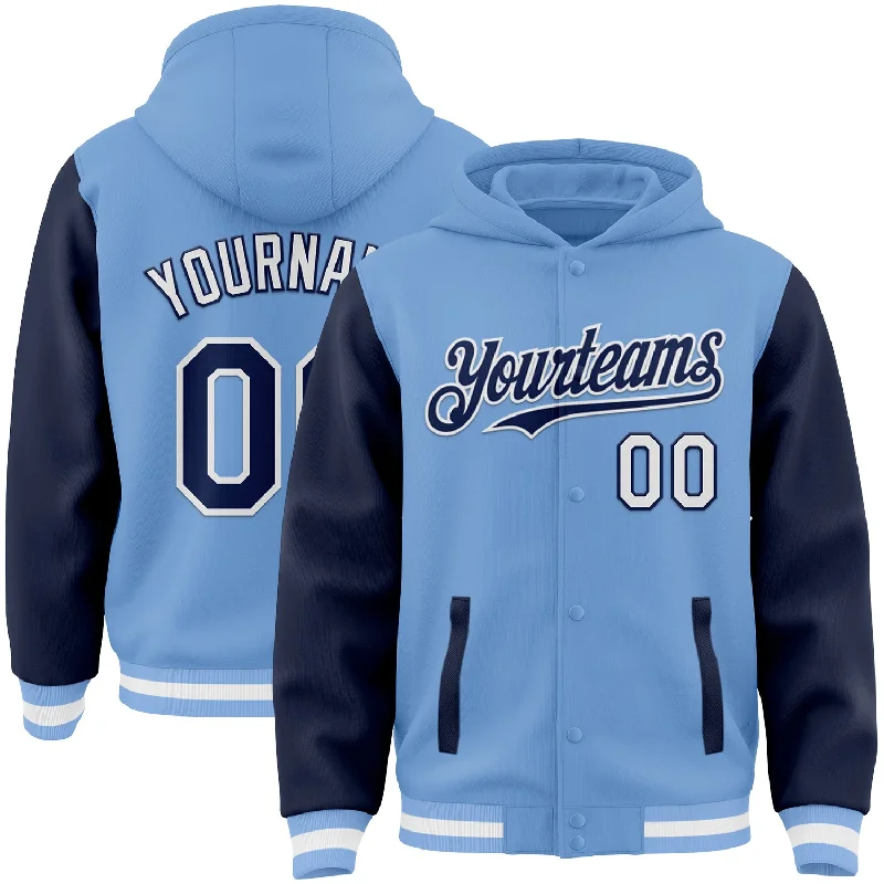 Lightweight Hoodie with Mesh Lining for Ventilation-Custom Light Blue Navy-White Bomber Full-Snap Varsity Letterman Two Tone Hoodie Jacket