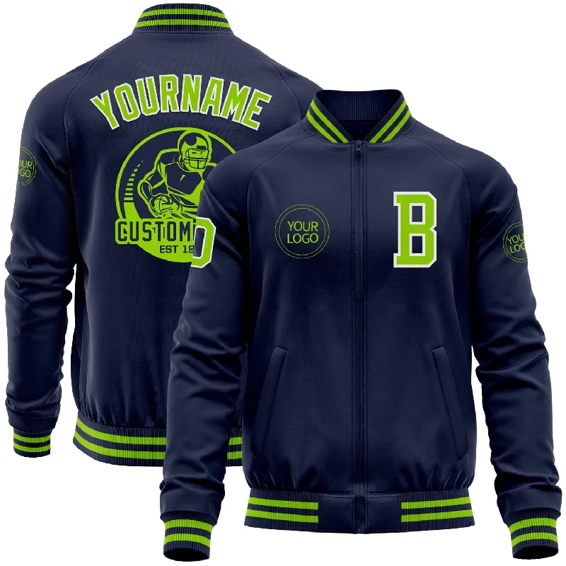 Soft Shell Jacket for Outdoor Adventures-Custom Navy Neon Green-White Bomber Varsity Letterman Zipper Jacket