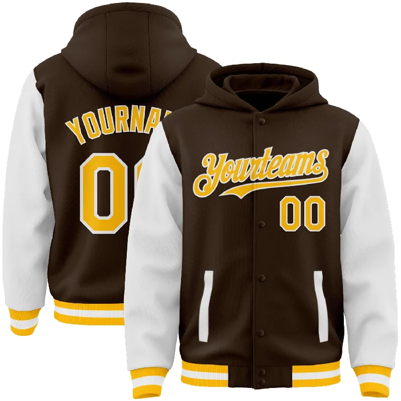 Athletic Hooded Sweatshirt for Gym Workouts-Custom Brown Gold-White Bomber Full-Snap Varsity Letterman Two Tone Hoodie Jacket