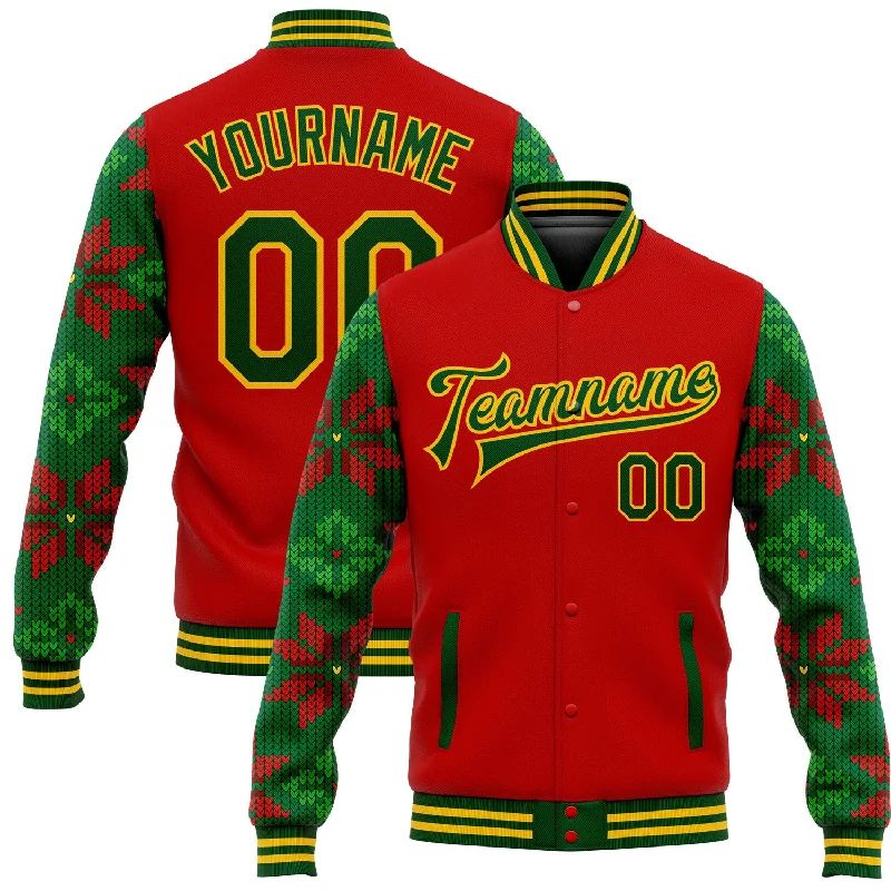 High-Tech Waterproof Jacket for Hiking and Trekking-Custom Red Green-Gold Christmas 3D Bomber Full-Snap Varsity Letterman Jacket