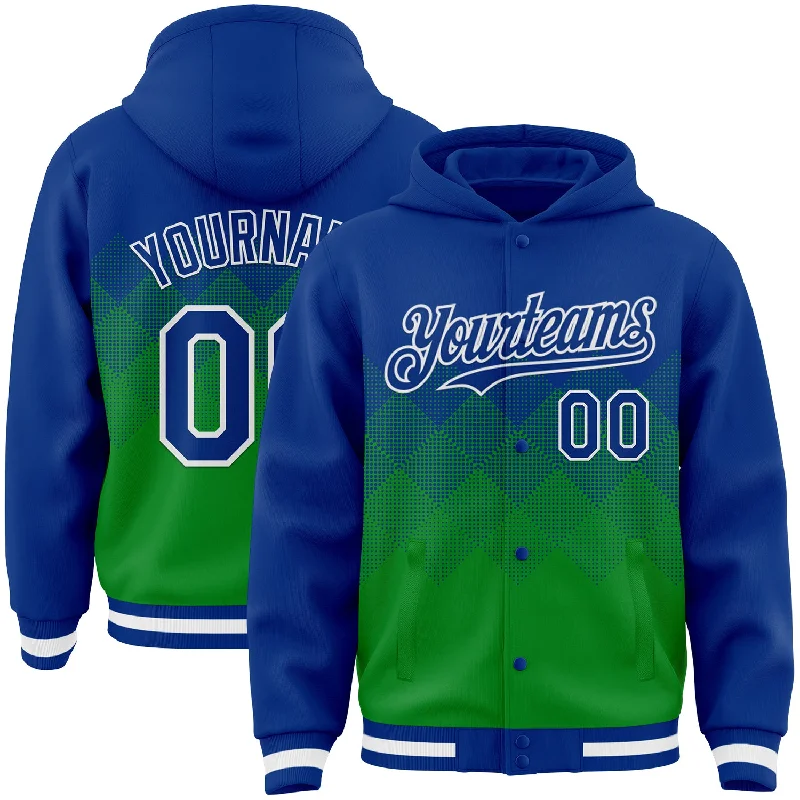 Breathable Hoodie for Outdoor Activities-Custom Royal Grass Green-White Gradient Square Shape 3D Pattern Design Bomber Full-Snap Varsity Letterman Hoodie Jacket