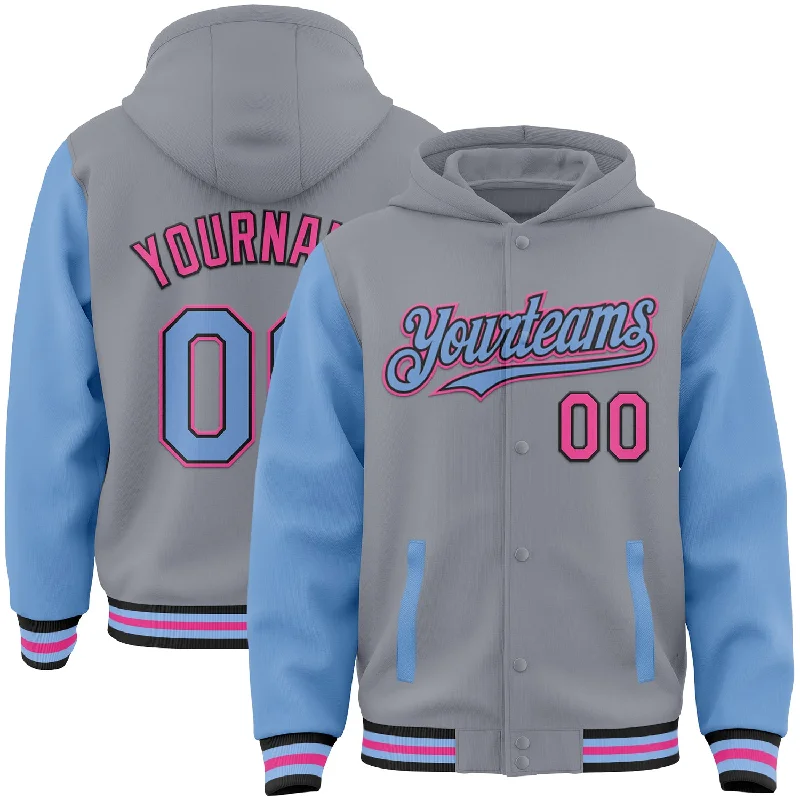 Soft Knit Hoodie for Lightweight Warmth-Custom Gray Light Blue Black-Pink Bomber Full-Snap Varsity Letterman Two Tone Hoodie Jacket