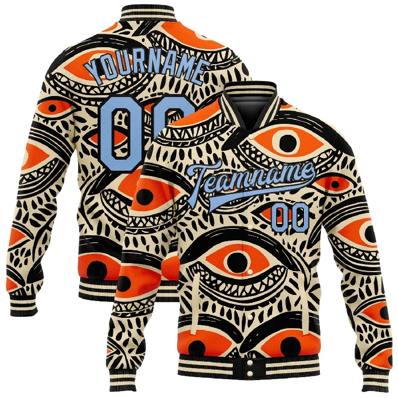 Zip-Up Sports Jacket for Workout Sessions-Custom Cream Light Blue-Black Evil Eyes 3D Pattern Design Bomber Full-Snap Varsity Letterman Jacket