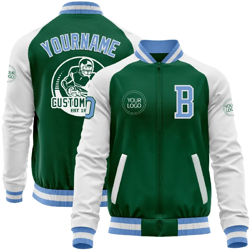 Cool Utility Jacket for Outdoor and Everyday Wear-Custom Kelly Green Light Blue-White Bomber Varsity Letterman Two Tone Zipper Jacket