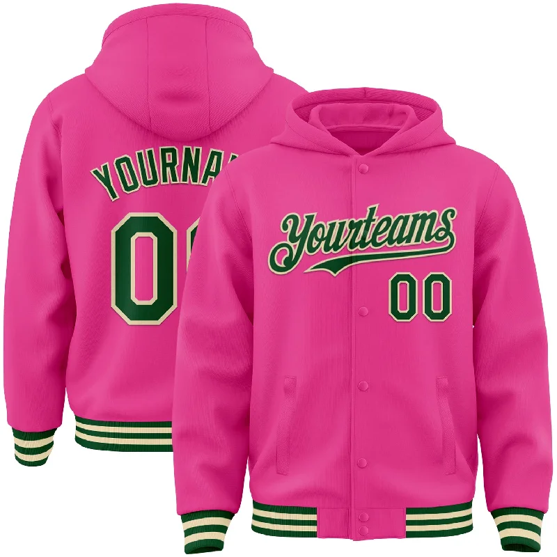 Athletic Hooded Sweatshirt for Gym Workouts-Custom Pink Green-Cream Bomber Full-Snap Varsity Letterman Hoodie Jacket