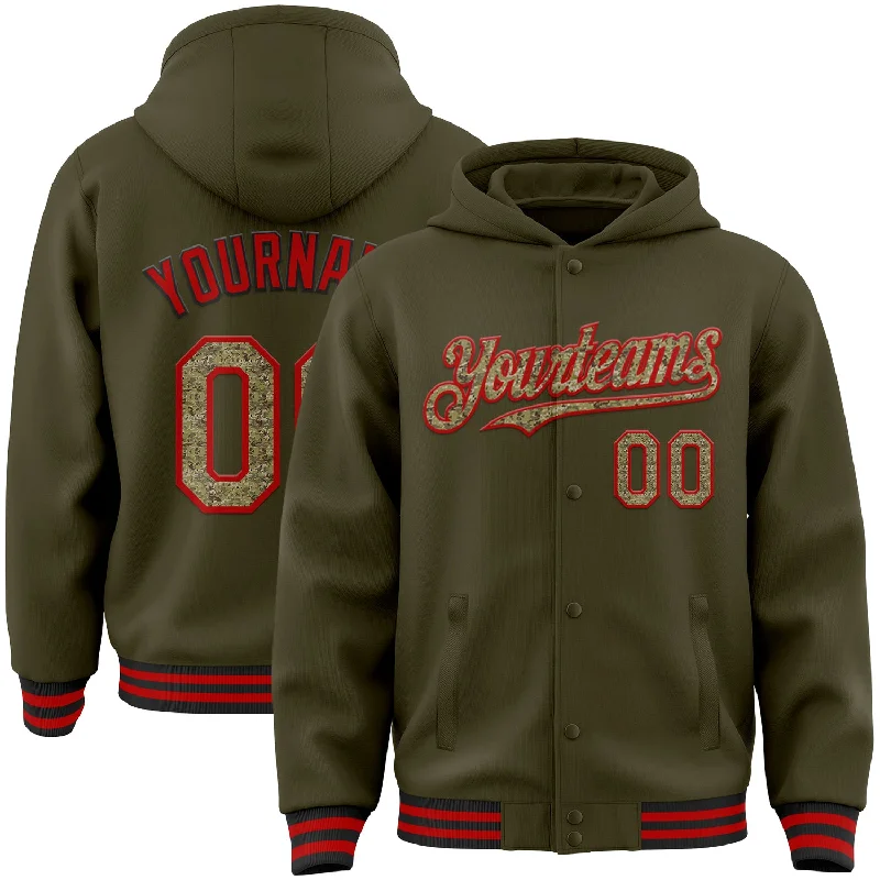 Lightweight Hoodie with Mesh Lining for Ventilation-Custom Olive Camo Red-Black Bomber Full-Snap Varsity Letterman Salute To Service Hoodie Jacket