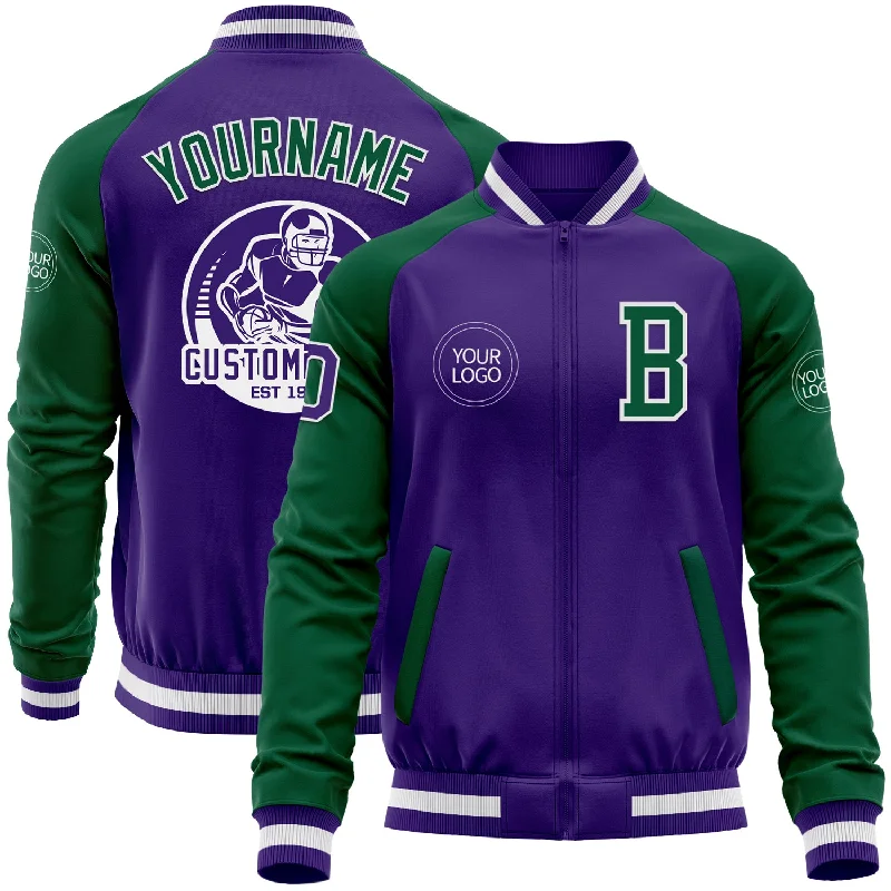 Stylish Leather Jacket for Trendy Look-Custom Purple Kelly Green-White Bomber Varsity Letterman Two Tone Zipper Jacket