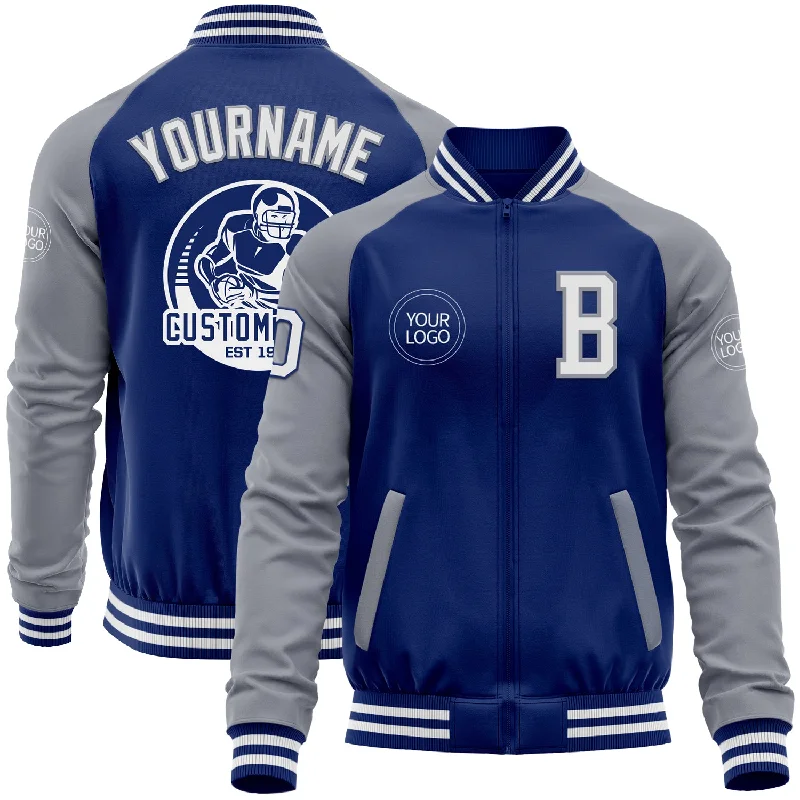 Reflective Jacket for Night Running and Safety-Custom Royal White-Gray Bomber Varsity Letterman Two Tone Zipper Jacket