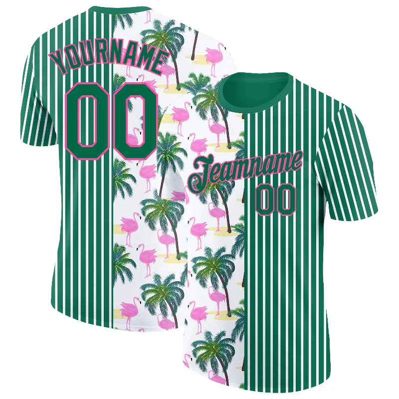 Retro Band T-Shirt for Music Lovers-Custom Kelly Green Pink-White 3D Tropical Hawaii Palm Tree And Animal Flamingo Performance T-Shirt