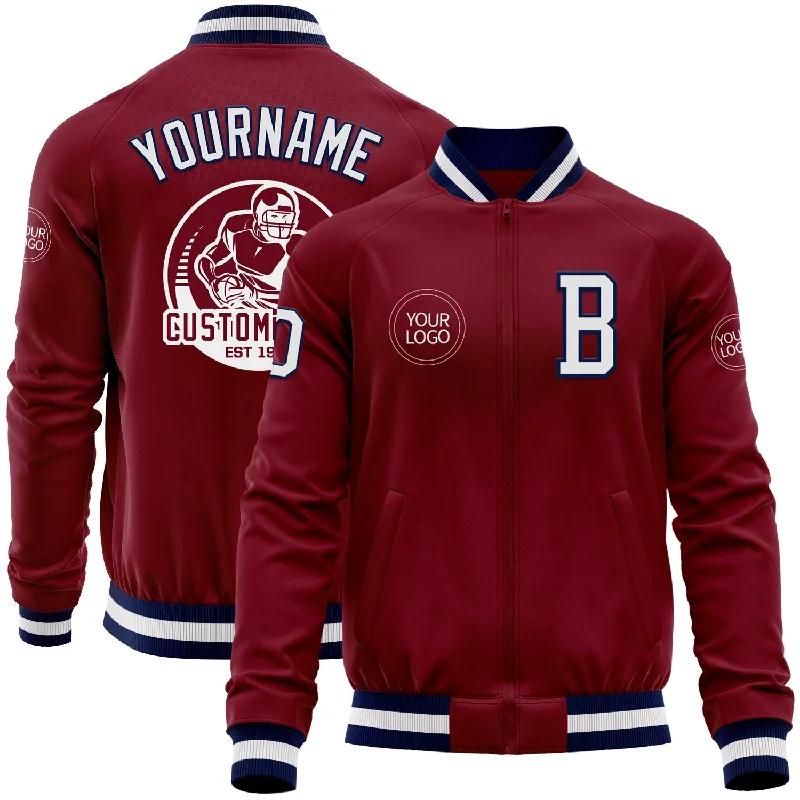 Zip-Up Hooded Jacket for Layering Style-Custom Crimson White-Navy Bomber Varsity Letterman Zipper Jacket