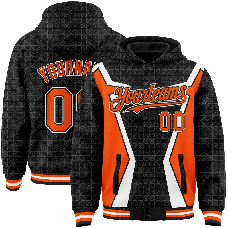 Athletic-Fit Hoodie for Sports and Fitness-Custom Black Orange-White Arrow 3D Pattern Design Bomber Full-Snap Varsity Letterman Hoodie Jacket