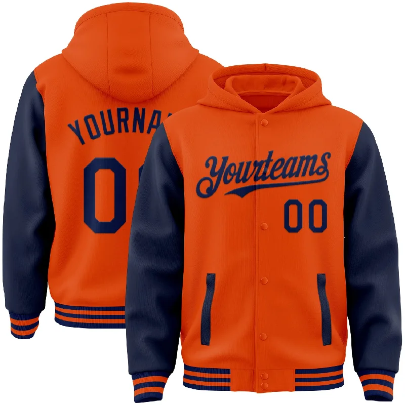 Street-Inspired Hoodie for Urban Fashion-Custom Orange Navy Bomber Full-Snap Varsity Letterman Two Tone Hoodie Jacket