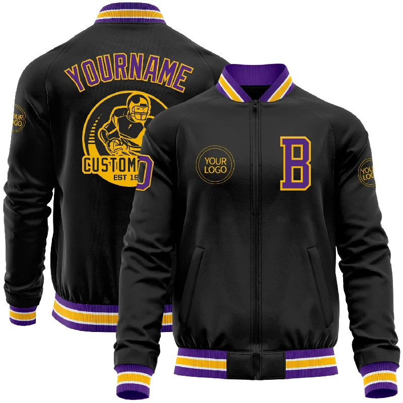 Stylish Faux Suede Jacket for Chic Fashion-Custom Black Purple-Gold Bomber Varsity Letterman Zipper Jacket