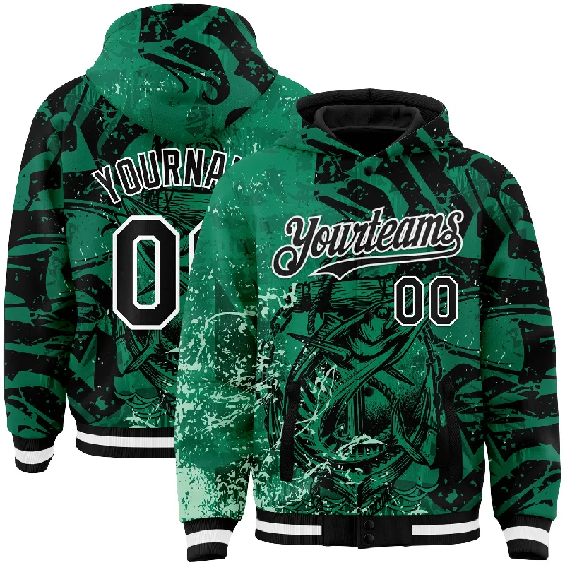 Graphic Print Zip Hoodie for Stylish Looks-Custom Kelly Green Black-White Barracuda Fish Fishing 3D Bomber Full-Snap Varsity Letterman Hoodie Jacket