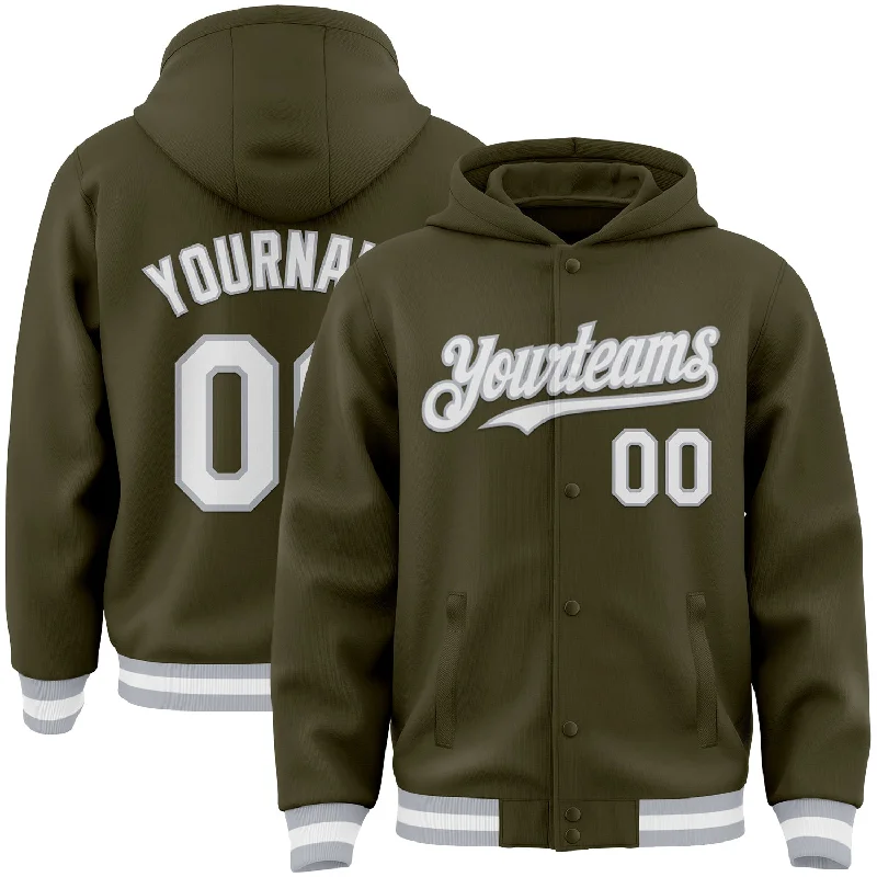 Zip-Up Hoodie for Easy on-the-Go Wear-Custom Olive White-Gray Bomber Full-Snap Varsity Letterman Salute To Service Hoodie Jacket