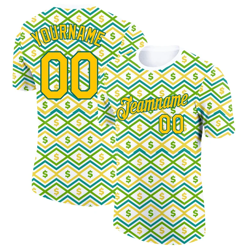 Lightweight Quick-Dry T-Shirt for Hot Weather-Custom White Yellow-Midnight Green 3D Pattern Design Dollar Sign Money Theme Performance T-Shirt