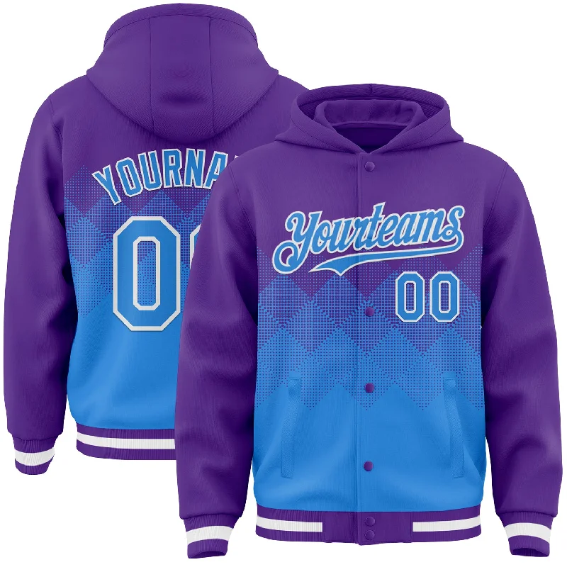 Warm Fleece-Lined Hoodie for Cold Weather-Custom Purple Powder Blue-White Gradient Square Shape 3D Pattern Design Bomber Full-Snap Varsity Letterman Hoodie Jacket