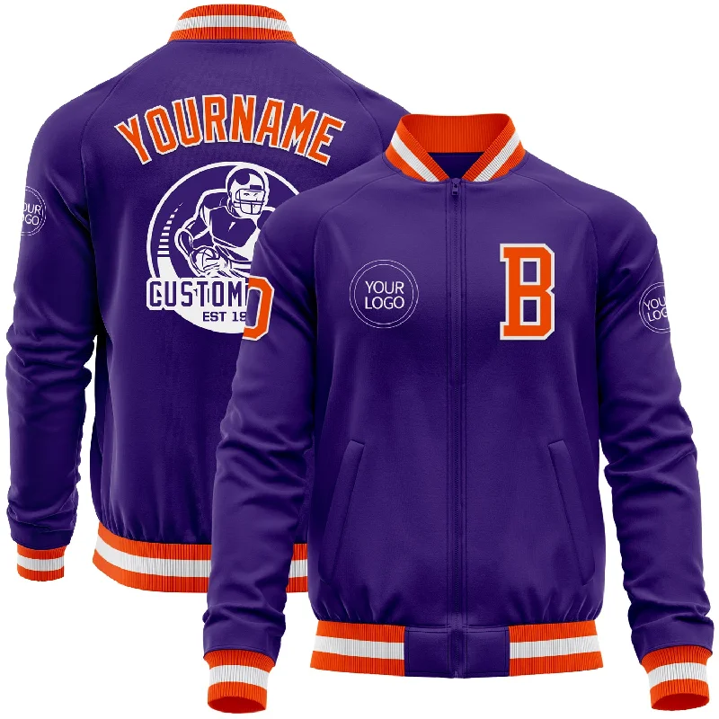 Casual Quilted Jacket for Everyday Wear-Custom Purple Orange-White Bomber Varsity Letterman Zipper Jacket