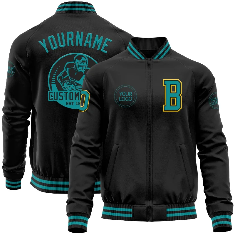 Stylish Statement Jacket for Fashion-Forward Looks-Custom Black Teal-Yellow Bomber Varsity Letterman Zipper Jacket