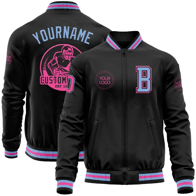 Classic Bomber Jacket for Timeless Look-Custom Black Light Blue-Pink Bomber Varsity Letterman Zipper Jacket