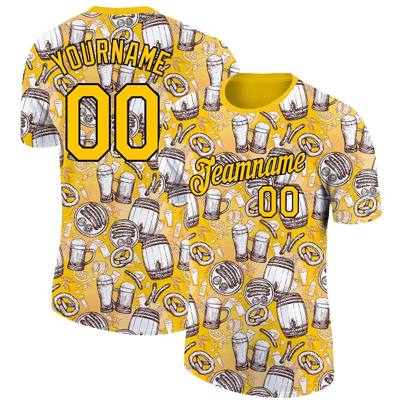 Youthful Graphic T-Shirt for Trendsetters-Custom Yellow Black 3D Pattern Design Oktoberfest Beer Festival Performance T-Shirt