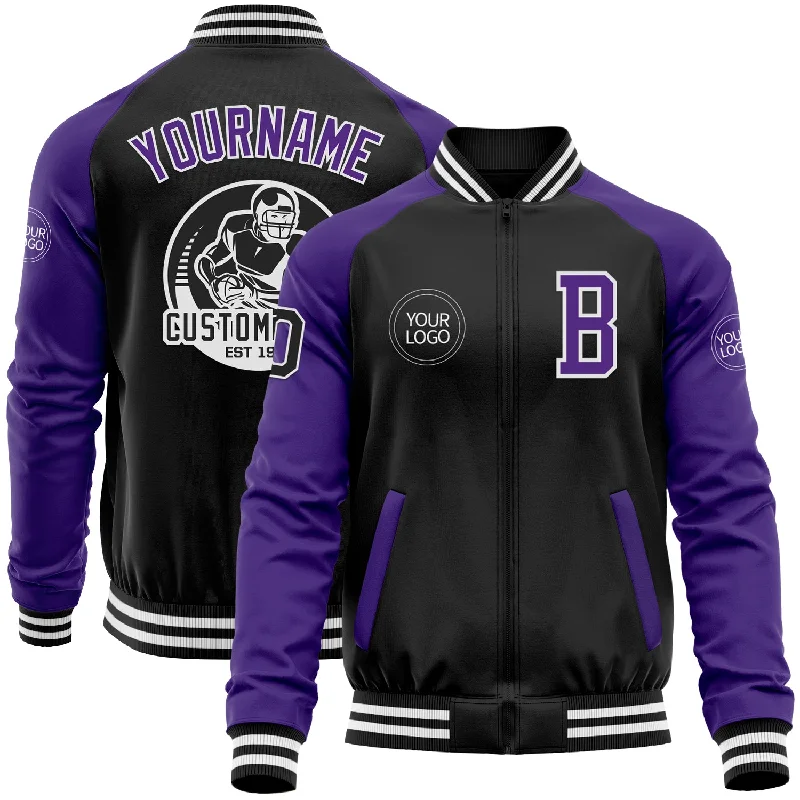 Warm Down Jacket for Winter Sports-Custom Black Purple-White Bomber Varsity Letterman Two Tone Zipper Jacket