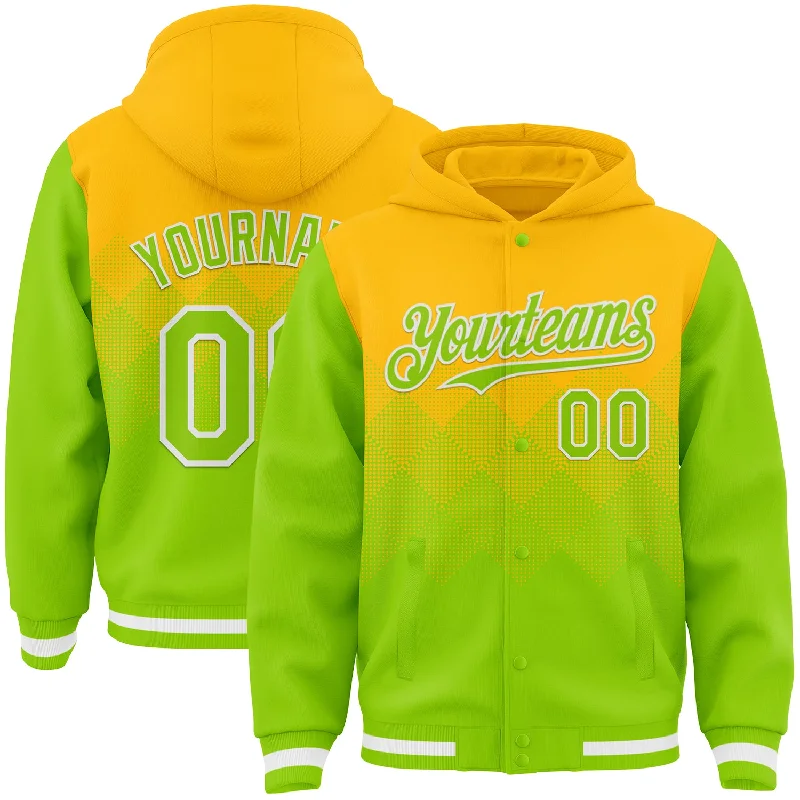 Stylish Zip Hoodie for Fashionable Comfort-Custom Gold Neon Green-White Gradient Square Shape 3D Pattern Design Bomber Full-Snap Varsity Letterman Hoodie Jacket