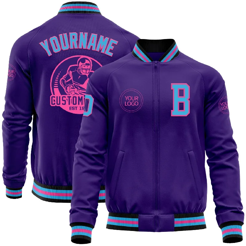 Casual Bomber Jacket for Everyday Wear-Custom Purple Sky Blue Pink-Black Bomber Varsity Letterman Zipper Jacket