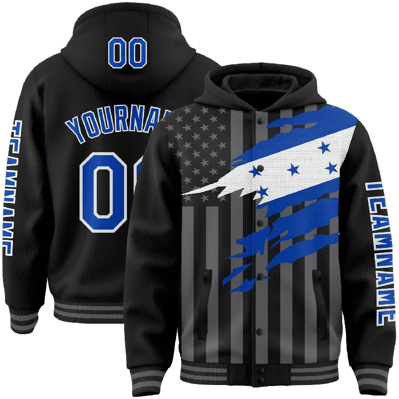 Soft Knit Hoodie for Lightweight Warmth-Custom Black Thunder Blue-Gray Honduras Honduran Flag 3D Bomber Full-Snap Varsity Letterman Hoodie Jacket