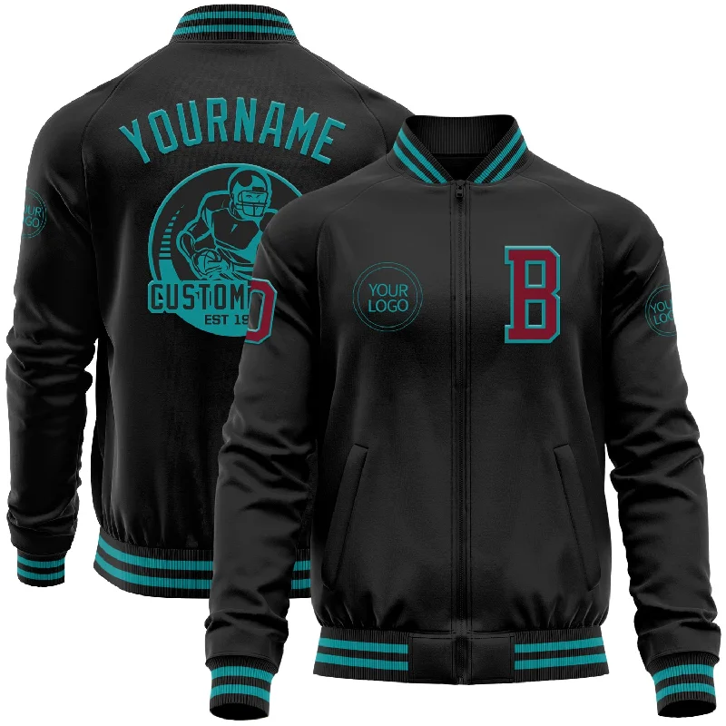 Waterproof Running Jacket for Athletes-Custom Black Crimson-Teal Bomber Varsity Letterman Zipper Jacket