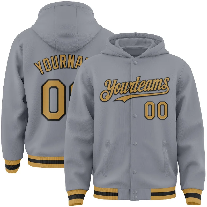 Stylish Oversized Hoodie for Comfortable Look-Custom Gray Old Gold-Black Bomber Full-Snap Varsity Letterman Hoodie Jacket