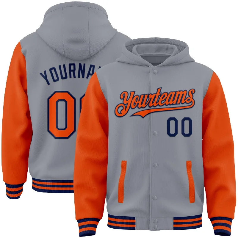 Functional Workout Hoodie for Athletes-Custom Gray Orange-Navy Bomber Full-Snap Varsity Letterman Two Tone Hoodie Jacket