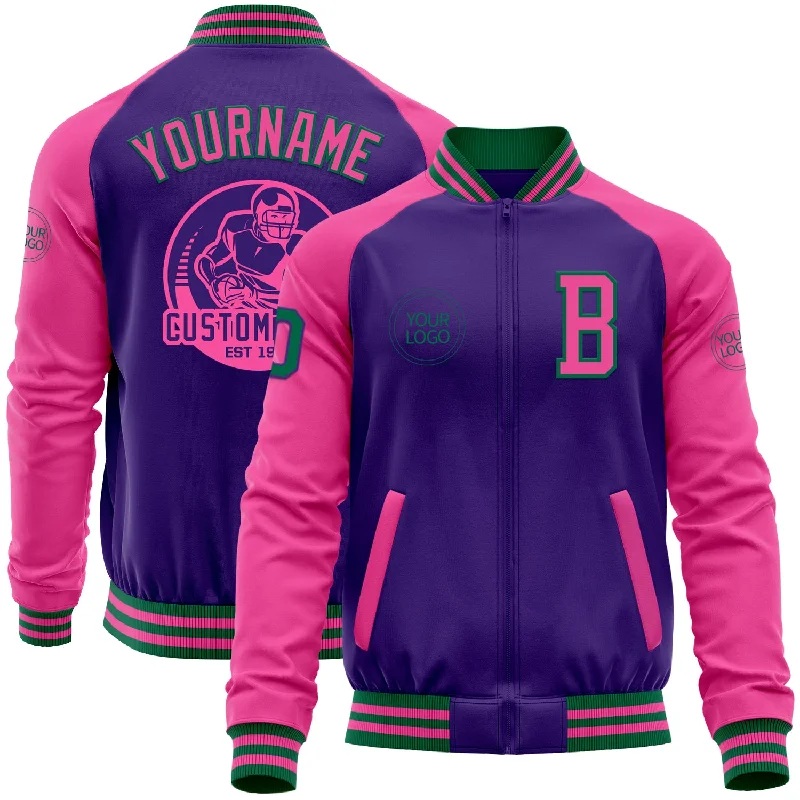 Tailored Blazer Jacket for Smart Casual Wear-Custom Purple Pink-Kelly Green Bomber Varsity Letterman Two Tone Zipper Jacket