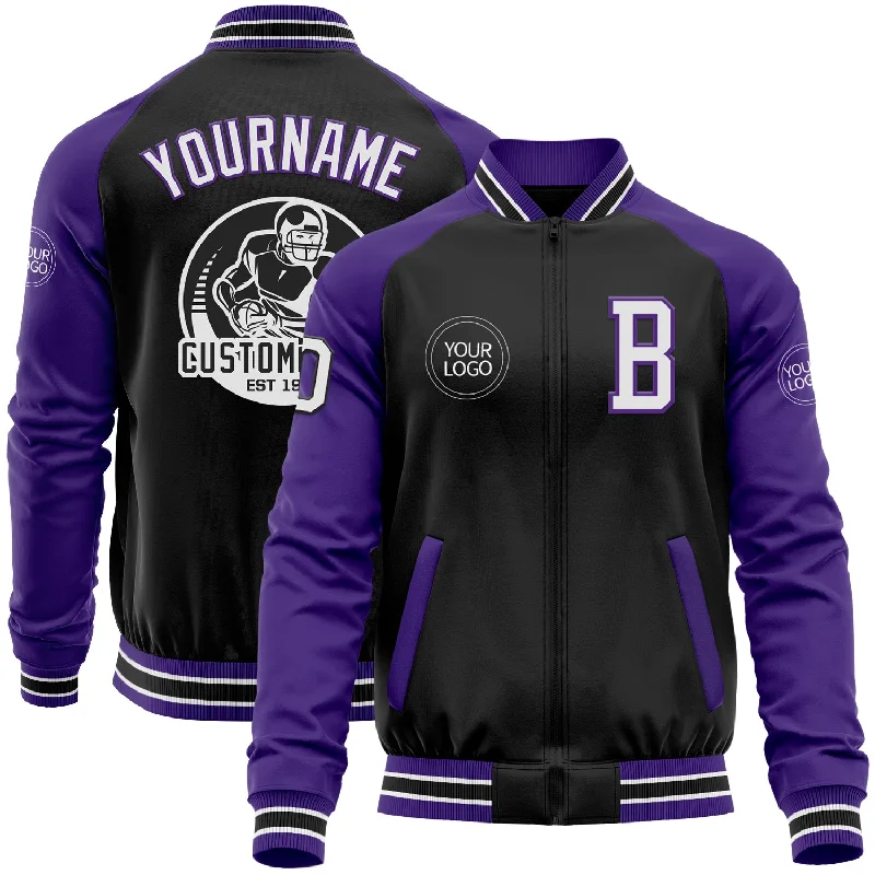 Eco-Friendly Organic Cotton Jacket for Sustainable Fashion-Custom Black White-Purple Bomber Varsity Letterman Two Tone Zipper Jacket