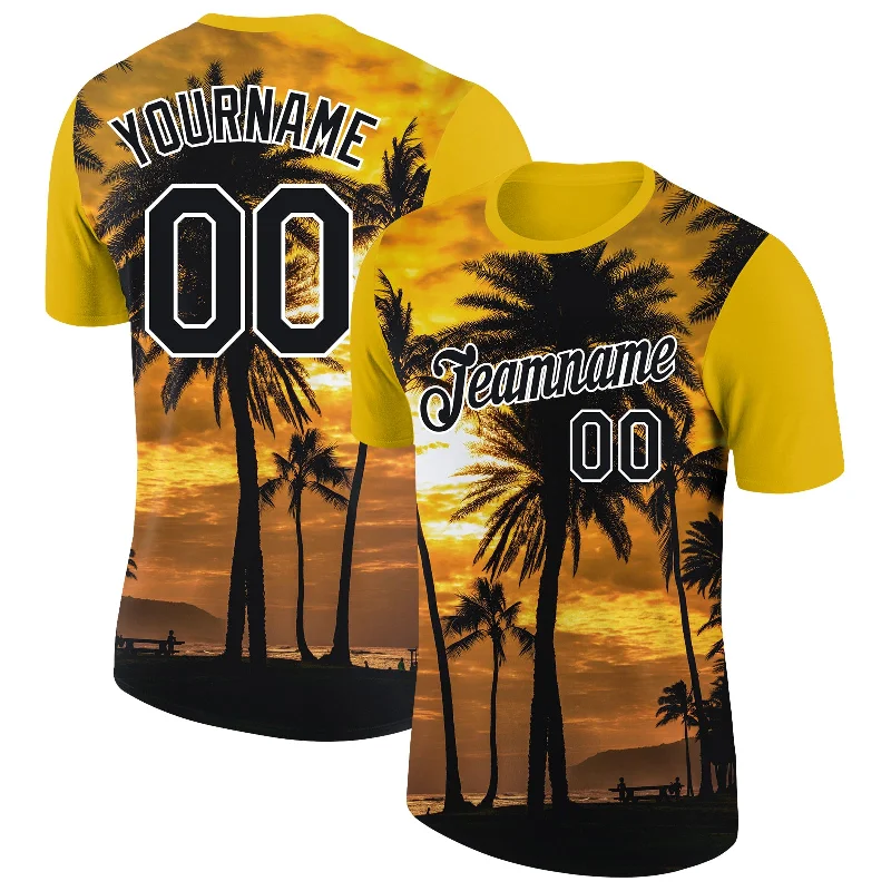 Hip-Hop Style T-Shirt for Urban Fashion-Custom Gold Black-White 3D Pattern Design Hawaii Palm Trees Performance T-Shirt