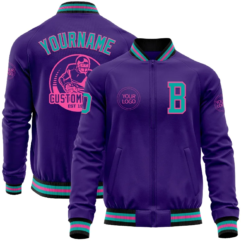 Waterproof Rain Jacket for Wet Conditions-Custom Purple Aqua Pink-Black Bomber Varsity Letterman Zipper Jacket