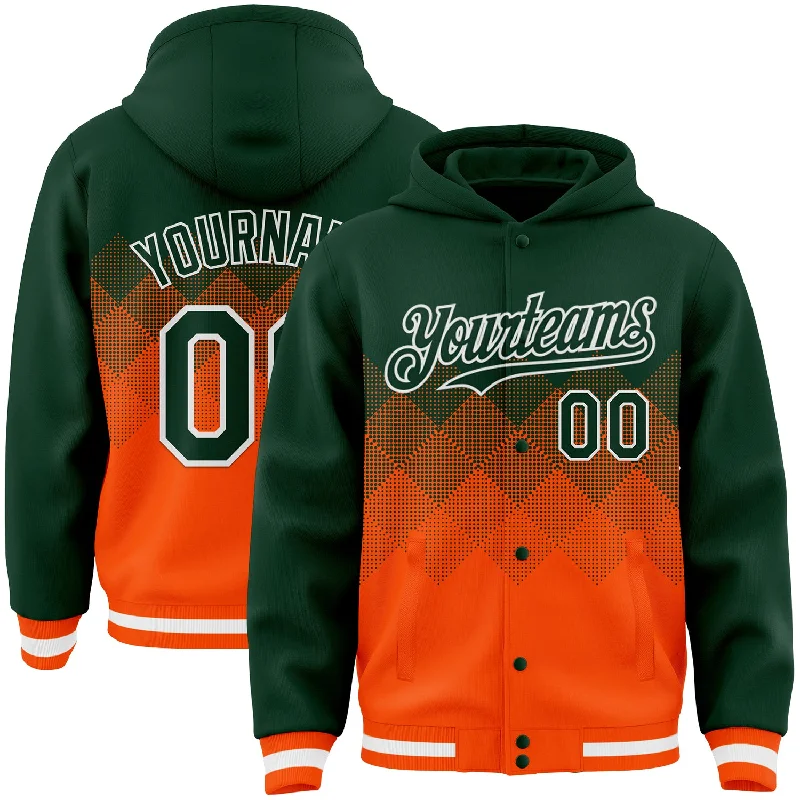 Stylish Hooded Sweatshirt for Casual Looks-Custom Green Orange-White Gradient Square Shape 3D Pattern Design Bomber Full-Snap Varsity Letterman Hoodie Jacket