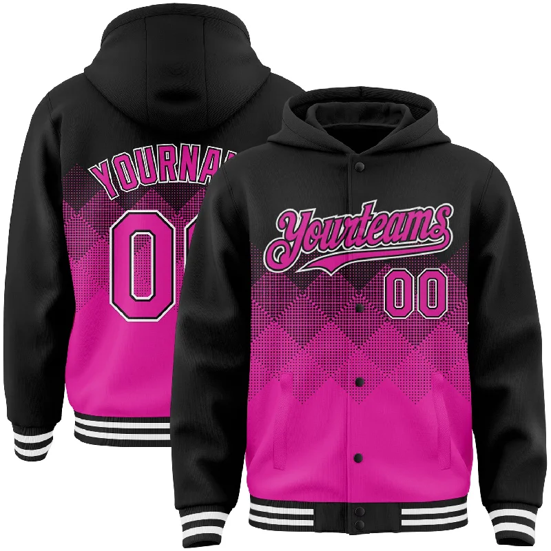 Comfortable Hooded Sweatshirt for Layering-Custom Black Deep Pink-White Gradient Square Shape 3D Pattern Design Bomber Full-Snap Varsity Letterman Hoodie Jacket