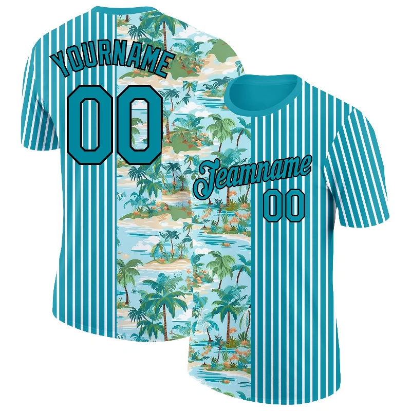 Eco-Friendly Organic Cotton T-Shirt for Sustainability-Custom Teal Black-White 3D Tropical Hawaii Beach And Palm Trees Performance T-Shirt