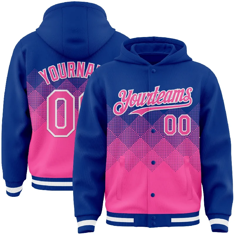 Warm Hooded Sweatshirt for Chilly Days-Custom Royal Pink-White Gradient Square Shape 3D Pattern Design Bomber Full-Snap Varsity Letterman Hoodie Jacket