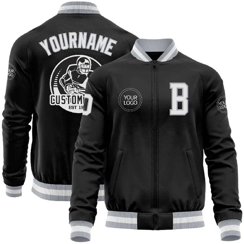 Eco-Friendly Recycled Material Jacket for Sustainability-Custom Black White-Gray Bomber Varsity Letterman Zipper Jacket