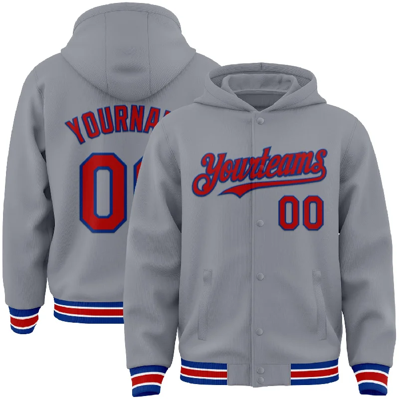 Long Sleeve Hoodie for Extra Warmth-Custom Gray Red-Royal Bomber Full-Snap Varsity Letterman Hoodie Jacket