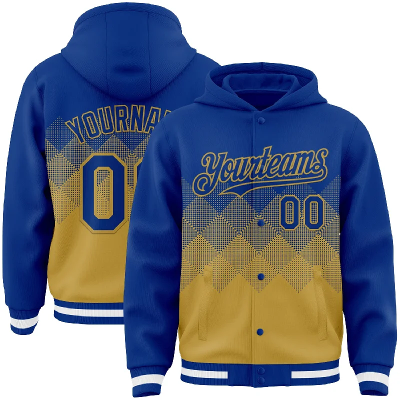 Cozy Zip Hoodie for Easy Layering-Custom Royal Old Gold-White Gradient Square Shape 3D Pattern Design Bomber Full-Snap Varsity Letterman Hoodie Jacket