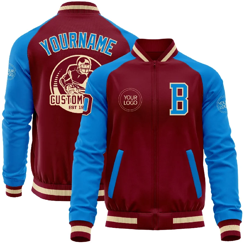 Classic Bomber Jacket for Timeless Look-Custom Crimson Powder Blue Cream-Maroon Bomber Varsity Letterman Two Tone Zipper Jacket