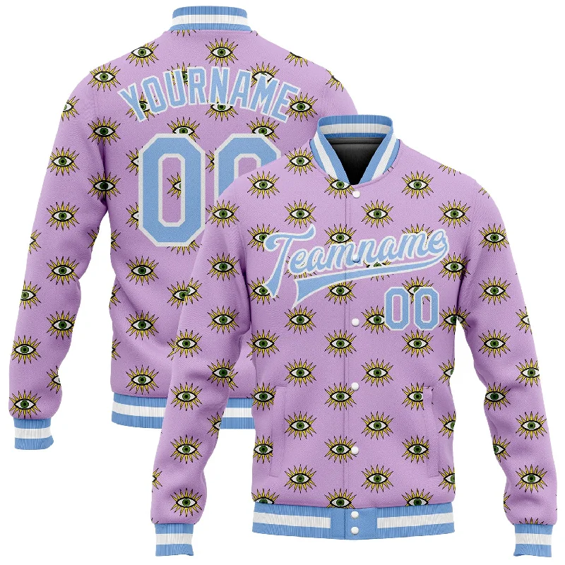 Classic Field Jacket for Vintage Outdoor Style-Custom Light Purple Light Blue-White Evil Eyes 3D Pattern Design Bomber Full-Snap Varsity Letterman Jacket