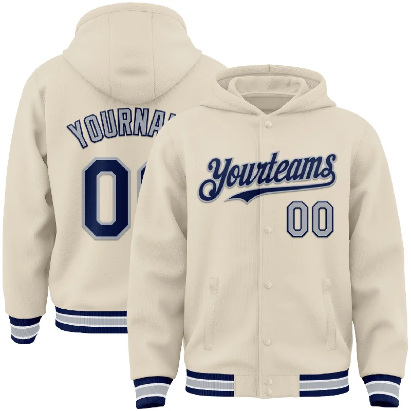 Warm Hooded Sweatshirt for Chilly Days-Custom Cream Navy Gray-White Bomber Full-Snap Varsity Letterman Hoodie Jacket